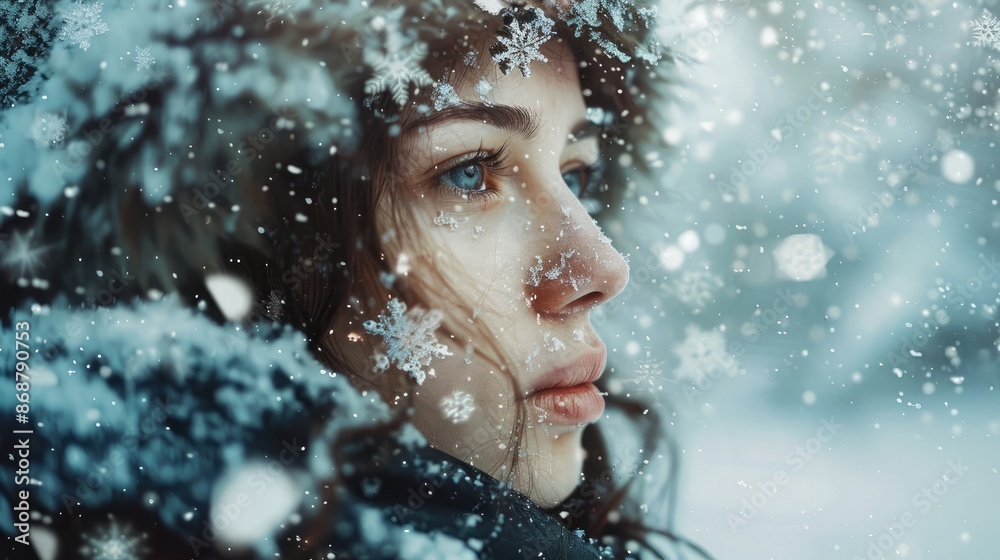 Portrait of a woman with falling snowflakes, evoking winter and purity in a double exposure style Portrait of a woman with falling snowflakes, evoking winter and purity in a double exposure style