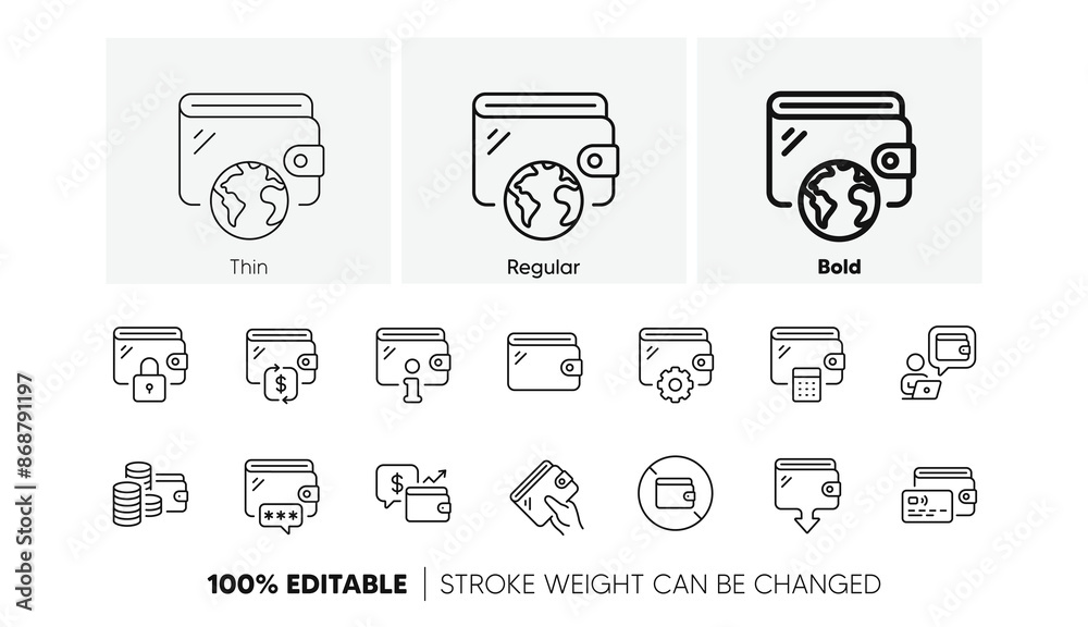 Money transfer, Credit card payment, Withdraw funds icons. Wallet line icons. Cash purse, Money access and online Wallet. Money commerce, Deposit transfer and Calculate cash budget. Vector Money transfer, Credit card payment, Withdraw funds icons. Wallet line icons. Cash purse, Money access and online Wallet. Money commerce, Deposit transfer and Calculate cash budget. Vector