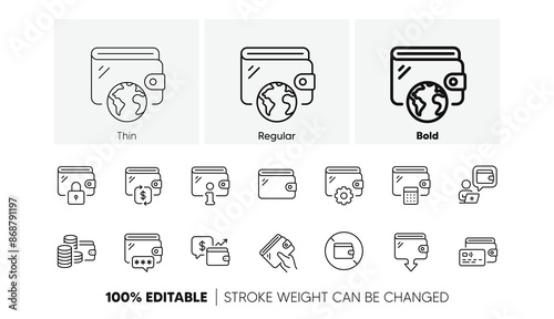 Money transfer, Credit card payment, Withdraw funds icons. Wallet line icons. Cash purse, Money access and online Wallet. Money commerce, Deposit transfer and Calculate cash budget. Vector