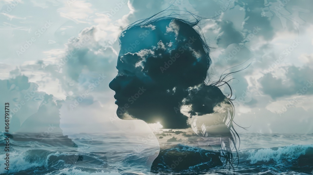 Fototapeta premium Silhouette of a person with stormy seas, capturing drama and nature in double exposure design