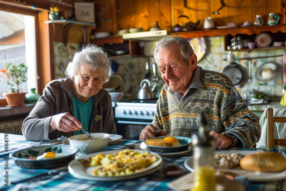 breakfast woman man senior couple home retirement wife husband elderly together happy morning old happiness kitchen love mature eating meal retired breakfast woman man senior couple home retirement wife husband elderly together happy morning old happiness kitchen love mature eating meal retired