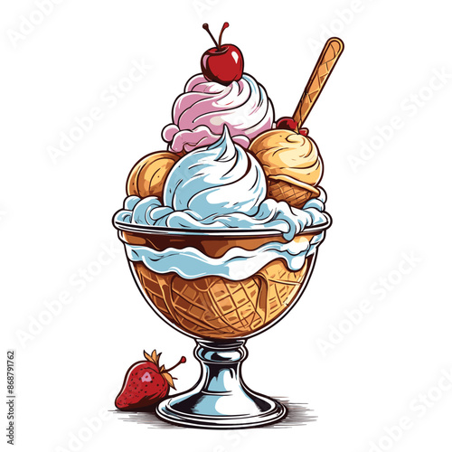 Hand Drawn Ice Cream Sundae Vintage Illustration