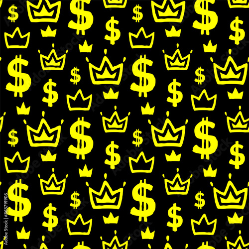 Small yellow dollar signs and crowns isolated on a black background. Monochrome seamless pattern. Vector simple flat graphic hand drawn illustration. Texture.