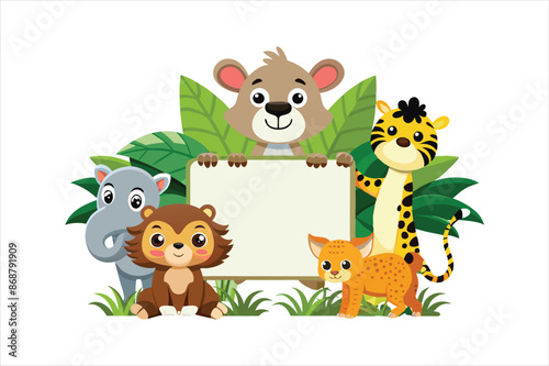 Cartoon wild animals holding blank board vector