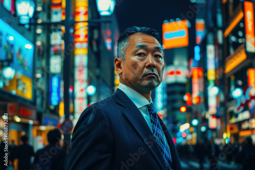 Middle aged businessman walking through Tokyo city centrum at daytime