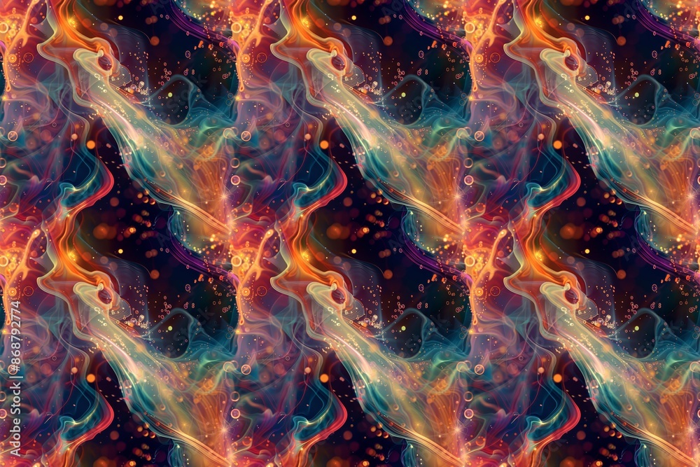 Obraz premium Vivid abstract seamless pattern with swirling multicolored smoke and glitter