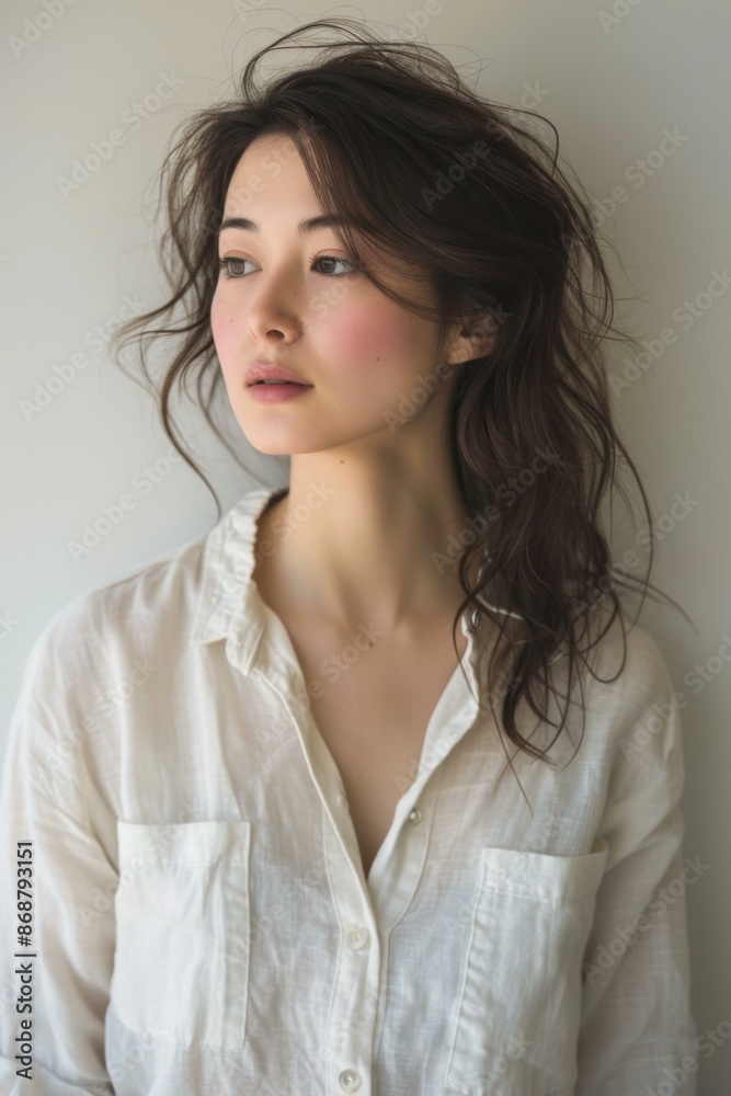Portrait of a young woman with long brown hair wearing a white shirt. AI. Portrait of a young woman with long brown hair wearing a white shirt. AI.