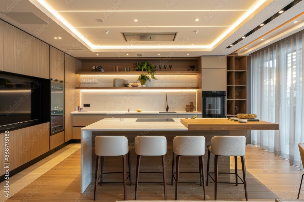 Fototapeta premium Modern kitchen with island and bar stools. AI.