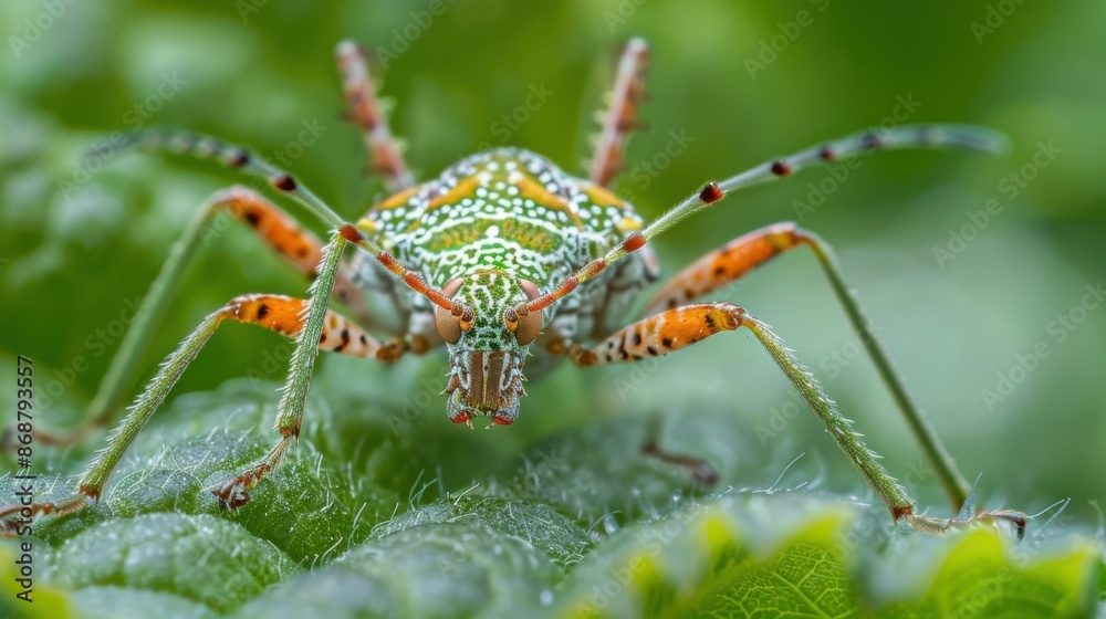A green and orange bug with long antennae sits on a leaf. AI. A green and orange bug with long antennae sits on a leaf. AI.