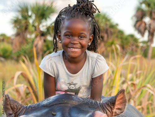 A young girl rides on the back of a hippopotamus. AI. photo