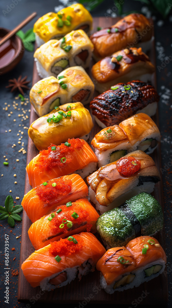 Close-up of a colorful sushi platter with salmon, unagi, and avocado rolls. Fresh ingredients and vibrant colors make a delicious, visually appealing meal
