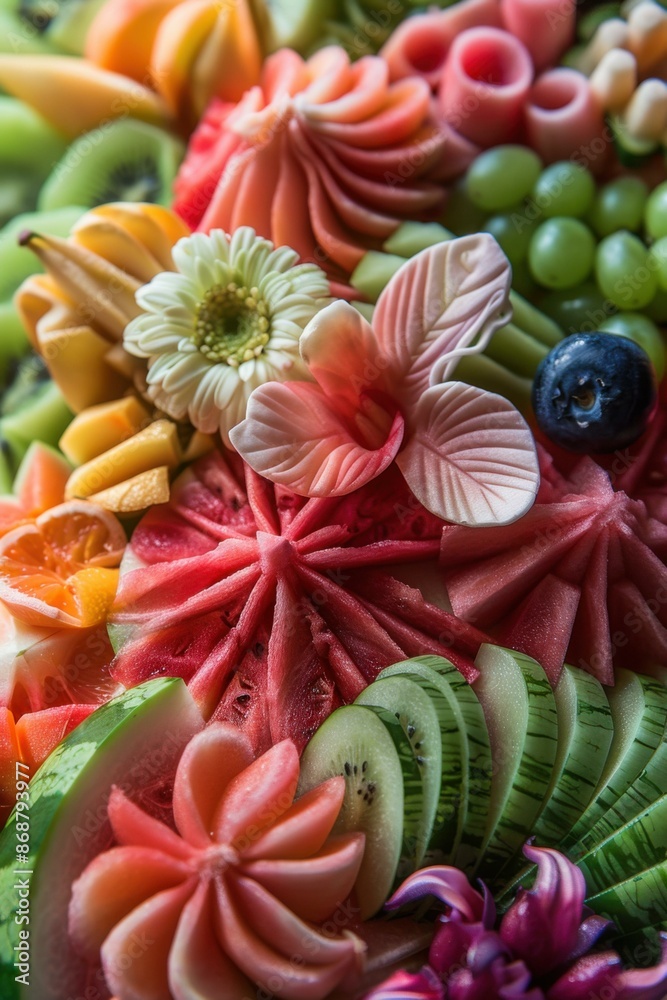 A beautiful fruit platter with watermelon, grapes, oranges, and other fruits carved into flowers and other shapes. AI. A beautiful fruit platter with watermelon, grapes, oranges, and other fruits carved into flowers and other shapes. AI.