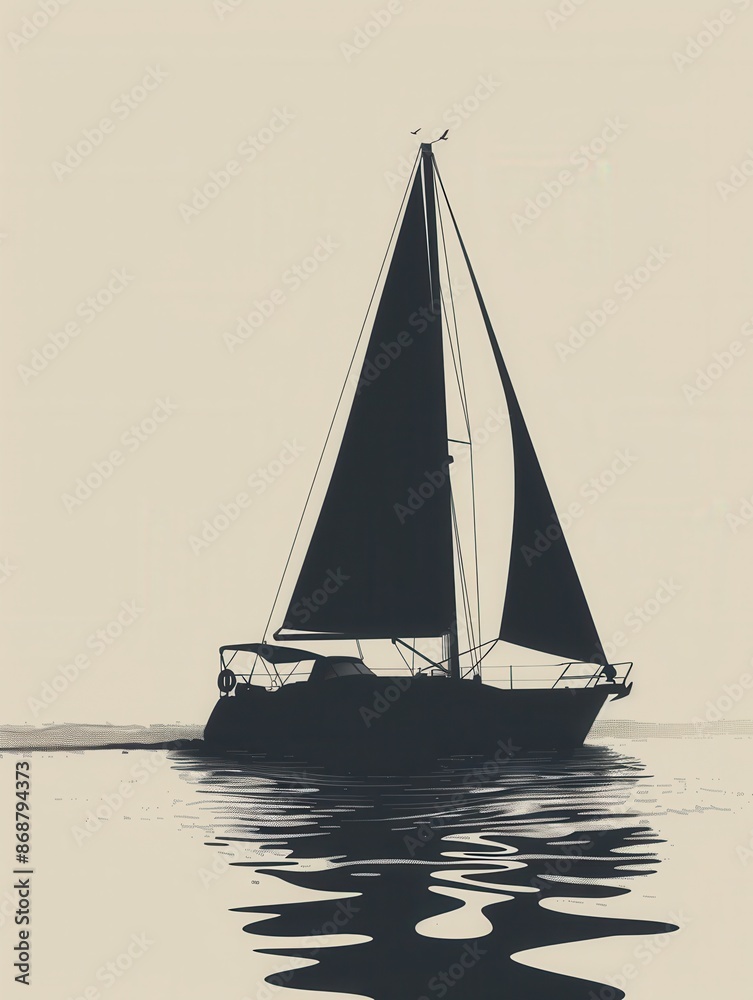 Fototapeta premium Minimalist image of a sailboat silhouette against a serene ocean backdrop, perfect for promoting seafaring adventures. Generative AI