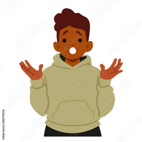 Cartoon Boy With A Shocked And Surprised Expression, Wearing A Hoodie. Kid Character With Wide Eyes And Open Mouth