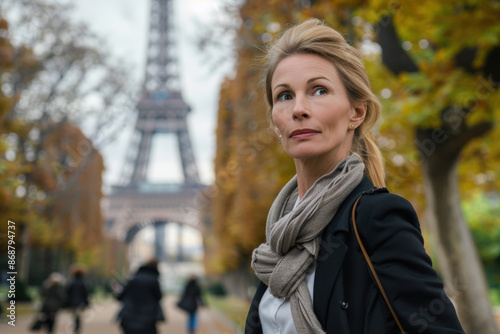 Middle aged businesswoman walking through Paris city centrum at daytime