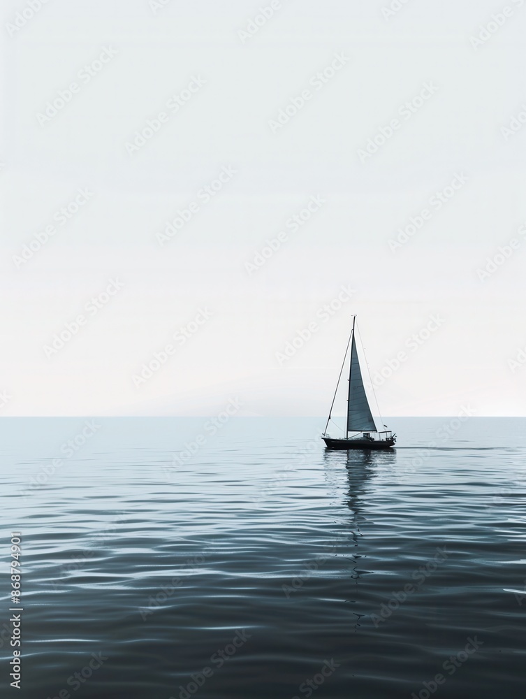 Fototapeta premium A minimalistic silhouette of a sailboat on calm, blue water with a clear sky. Generative AI