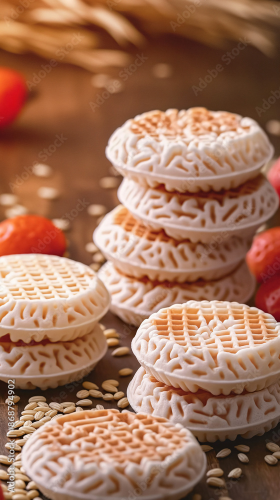A stack of white waffle cookies on a wooden surface surrounded by scattered grains A stack of white waffle cookies on a wooden surface surrounded by scattered grains