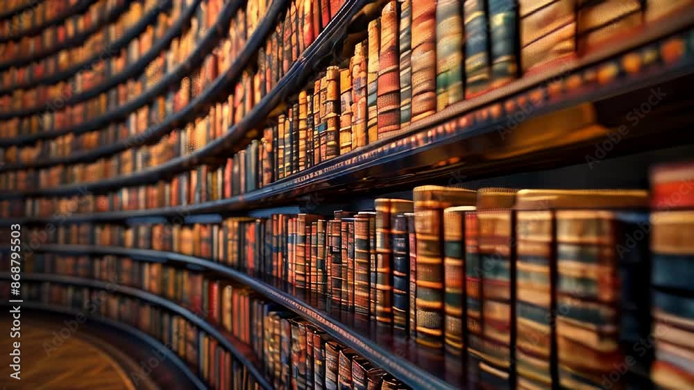 Slow motion library video of vintage books on curved bookshelves for educational and literary stock footage