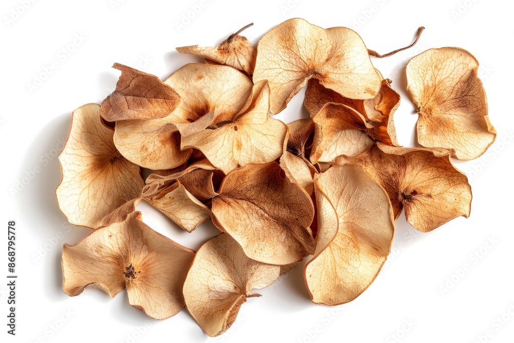 Overhead shot of apple chips on white background Overhead shot of apple chips on white background