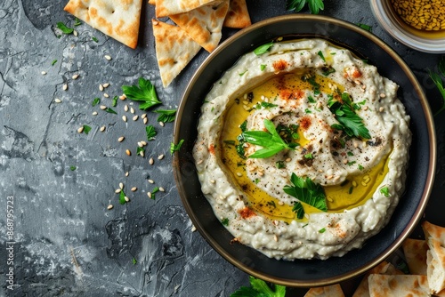 Overhead photo of homemade baba ganoush with sesame pita chips olive oil and parsley photo