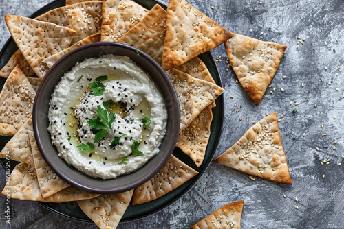 Overhead photo of homemade sesame pita chips with baba ganoush in Mediterranean cuisine with natural light photo