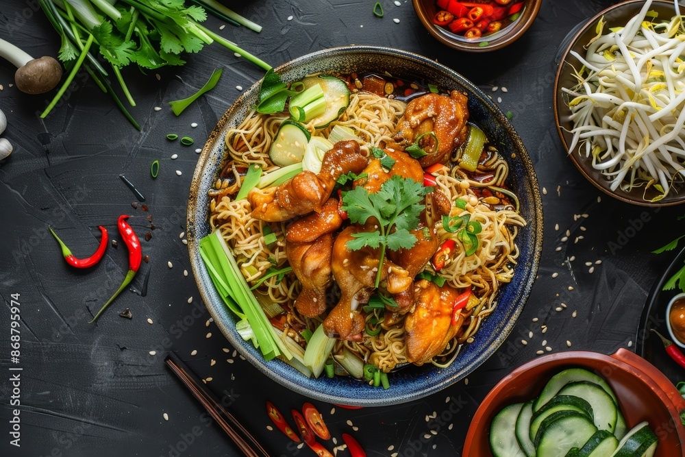 Overhead view of chicken noodle dish with chicken parts and vegetables including bean sprouts and bitter gourd Overhead view of chicken noodle dish with chicken parts and vegetables including bean sprouts and bitter gourd