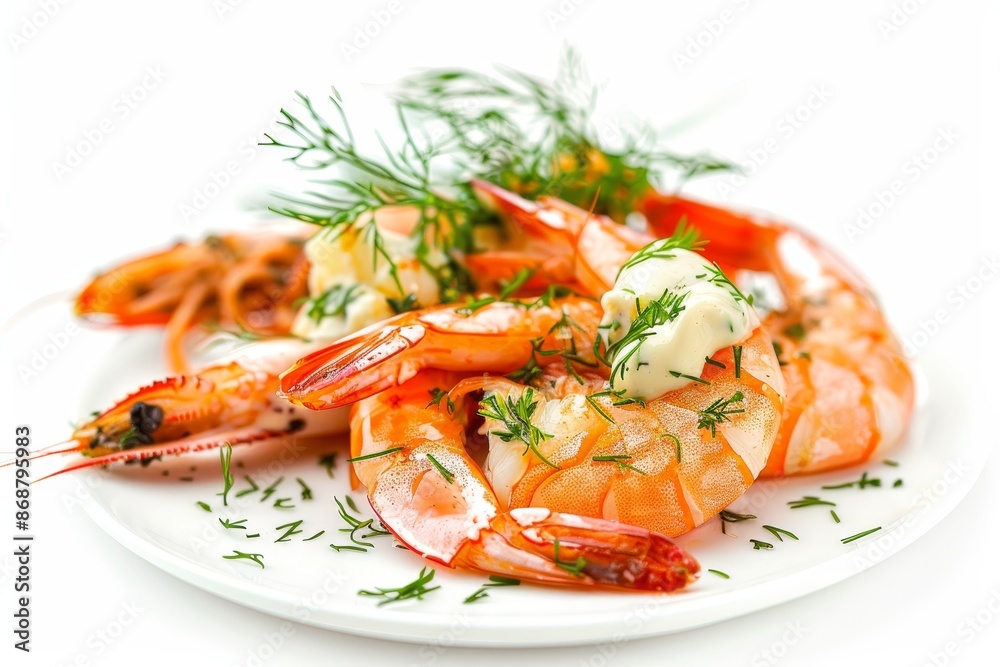 Roasted black tiger shrimps with garlic cream and dill appetizer for a special meal close up on white background focus on shrimps Roasted black tiger shrimps with garlic cream and dill appetizer for a special meal close up on white background focus on shrimps