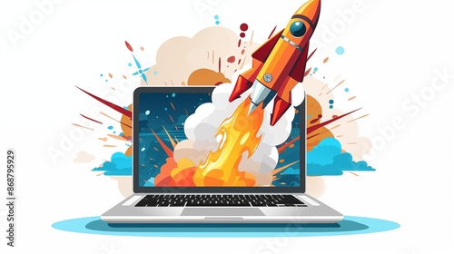 Digital illustration of laptop and rocket, PNG transparent background.