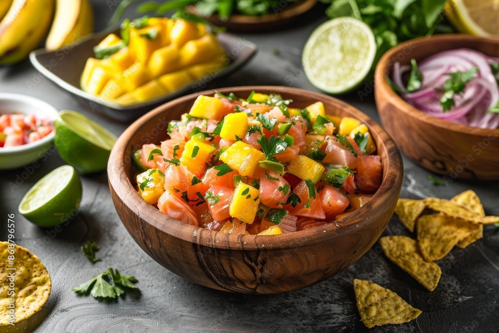 Salmon ceviche with mango in a wooden bowl and plantain chips Salmon ceviche with mango in a wooden bowl and plantain chips
