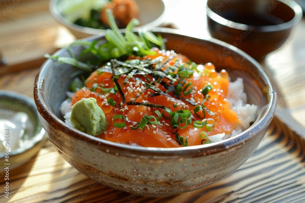 Salmon donburi rice with tobiko wasabi turnip wakame salad soyu souce in Japanese restaurant lunch menu with natural lighting Salmon donburi rice with tobiko wasabi turnip wakame salad soyu souce in Japanese restaurant lunch menu with natural lighting