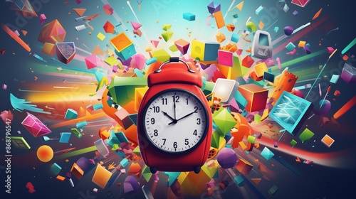 dynamic back to school background with a burst of colorful geometric shapes and symbols representing different academic subjects.
