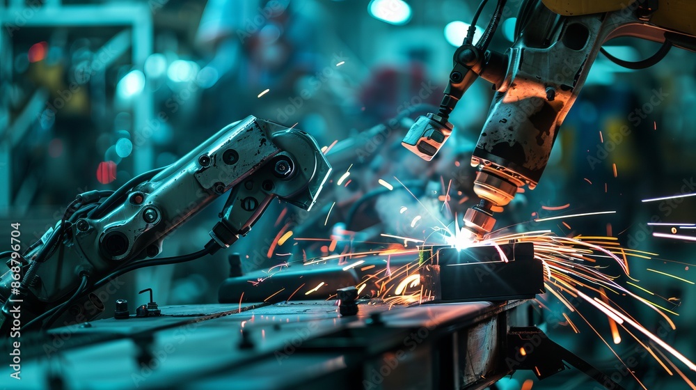 Welding arm in action on an automobile production line welding parts as part of the manufacturing process Illustrates industrial automation and automotive assembly Welding arm in action on an automobile production line welding parts as part of the manufacturing process Illustrates industrial automation and automotive assembly