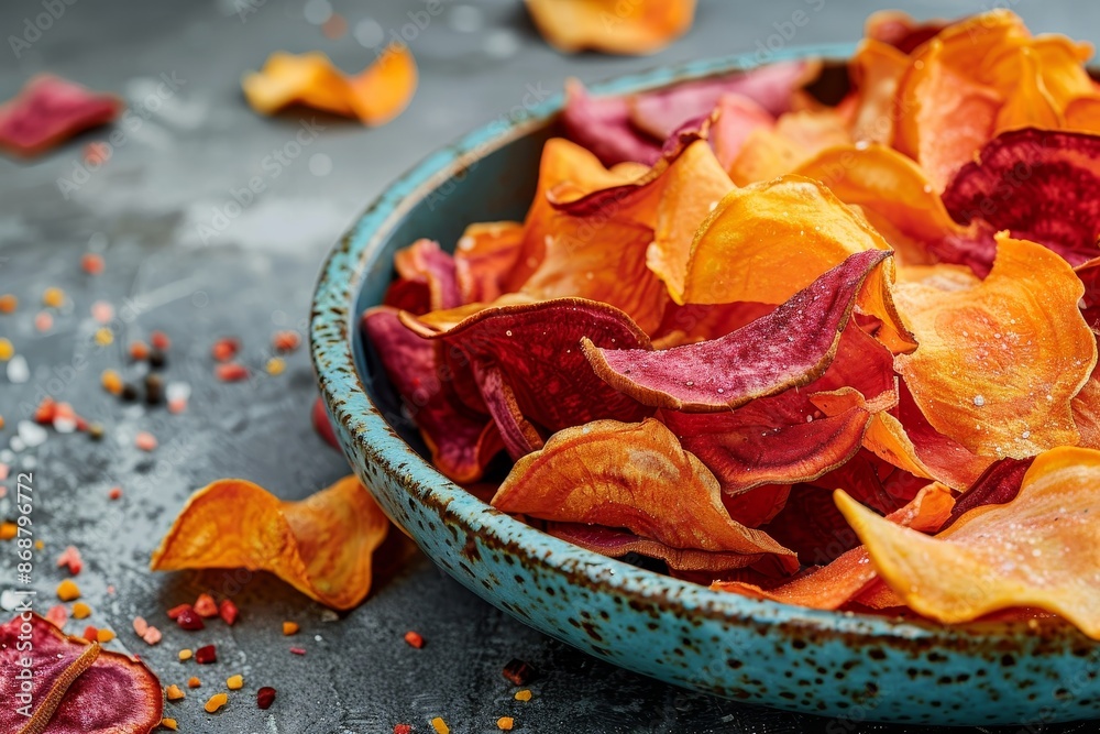 Salty beet and carrot chips on blue plate Stone backdrop Salty beet and carrot chips on blue plate Stone backdrop