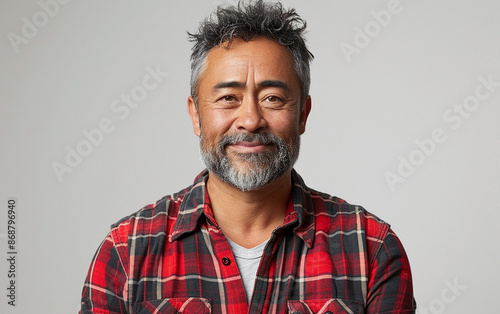 Smiling Man in Red Plaid Shirt Against a White Background