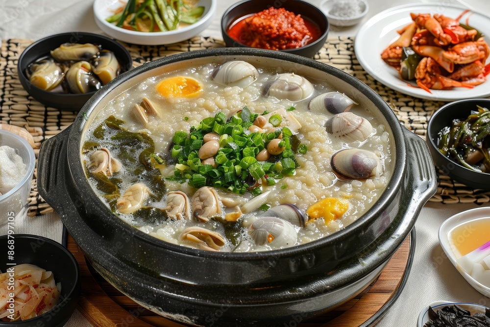 Seafood porridge seaweed soup and assorted sides Seafood porridge seaweed soup and assorted sides