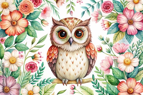 watercolor cut owl illustration with floral background photo