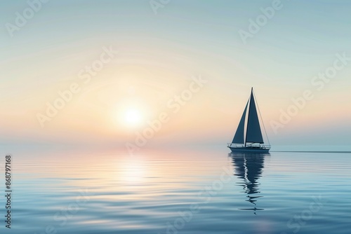 A Minimalistic Silhouette of a Sailboat Sailing on the Ocean at Sunset. Generative AI © Анатолий Савицкий