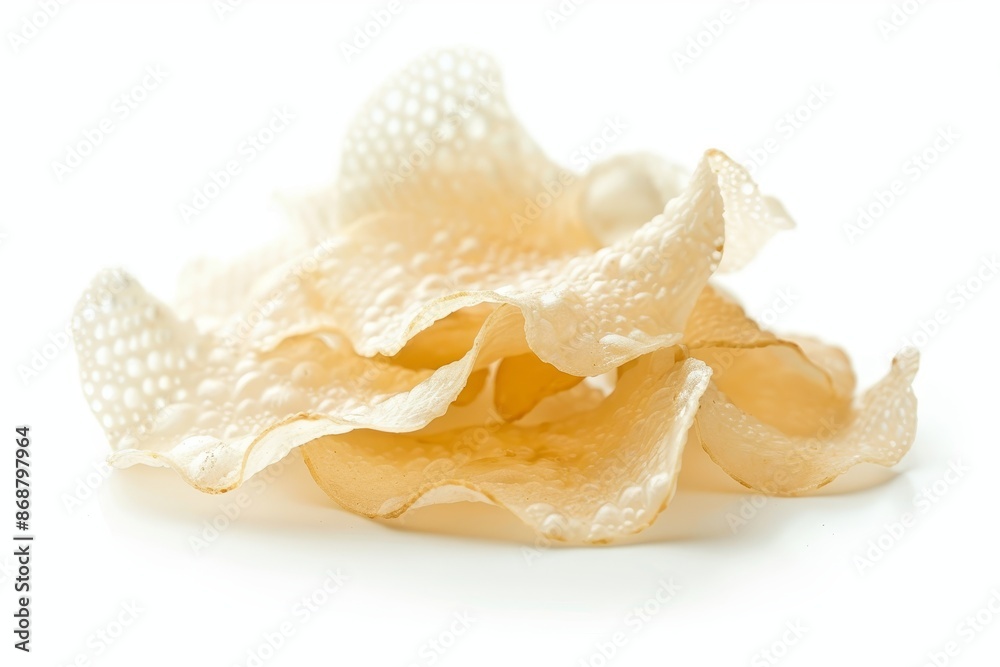 Selective focus on isolated white background highlights tapioca chips a popular Asian snack Selective focus on isolated white background highlights tapioca chips a popular Asian snack