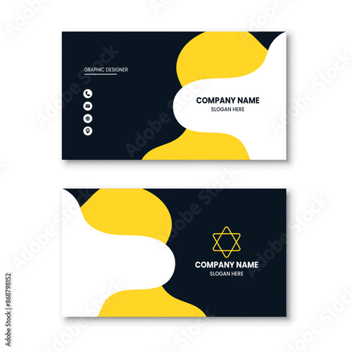 Modern premium simple business card design template with organic abstract geometric shapes and vector illustration. Black, Yellow and White color combinations