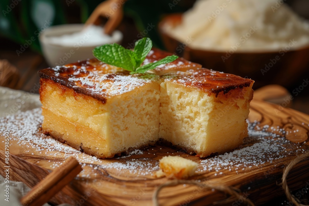 Slice of cassava cake on wood Slice of cassava cake on wood