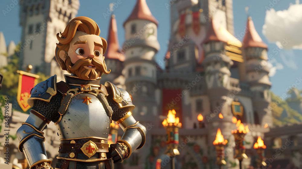 Fototapeta premium A 3D cartoon character of a brave knight with shiny armor and a determined expression, standing in front of a grand castle