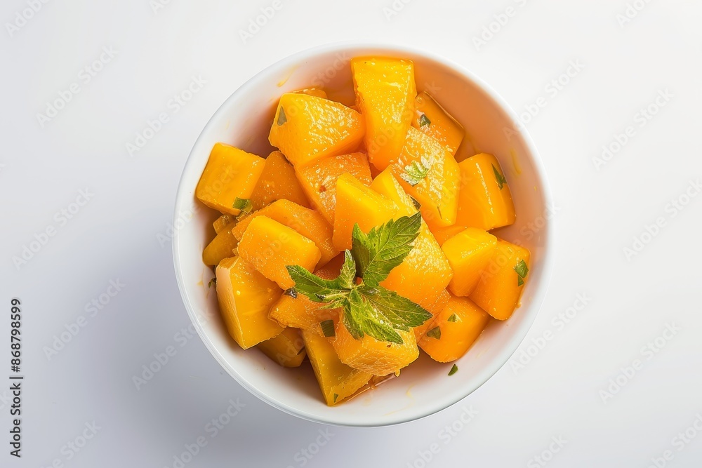 Sliced mango pickle in white bowl top view isolated Sliced mango pickle in white bowl top view isolated