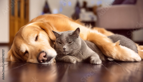 Golden Retriever dog and gray cat sleeping together on floor, best friends concept, copy space