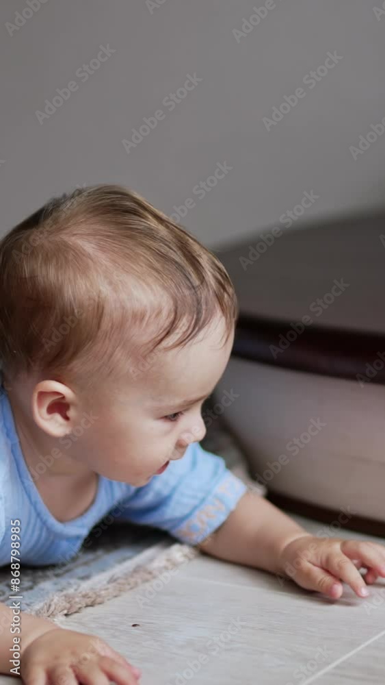 Sweet adorable baby boy crawling by the floor indoors. Active healthy kid trying to reach a ball. Little kid playing with a toy. Vertical video Sweet adorable baby boy crawling by the floor indoors. Active healthy kid trying to reach a ball. Little kid playing with a toy. Vertical video