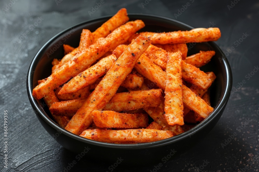 Spicy and salty Kerala snack tapioca chips fried and spiced on black background Spicy and salty Kerala snack tapioca chips fried and spiced on black background