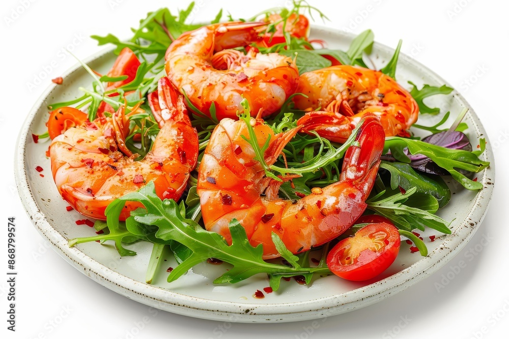 Spicy garlic jumbo shrimp with salad on white background Spicy garlic jumbo shrimp with salad on white background
