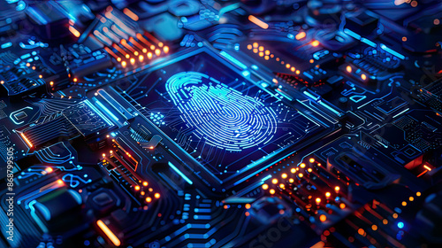 Advanced biometric fingerprint scanner with digital processing, glowing holograms, detailed fingerprint details, concept of surveillance and security, future cyber applications, 