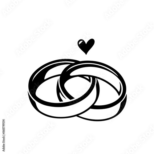 two wedding rings and a heart. love concept. silhouette template