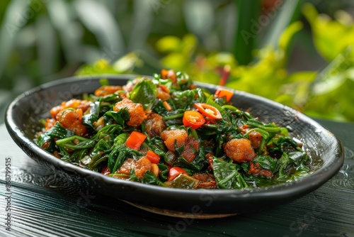 Spicy cassava leaves stir fried on black plate photo