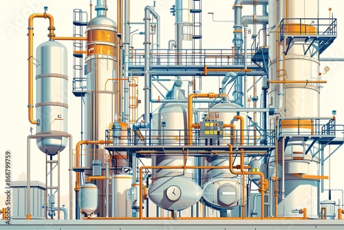 A detailed illustration depicting a distillation column within a complex industrial facility. Generative AI